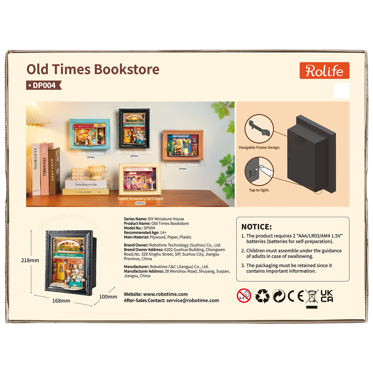 Achterkant verpakking van de Robotime Old Time Bookstore, diorama in een lijst van een ouderwets boekenwinkeltje