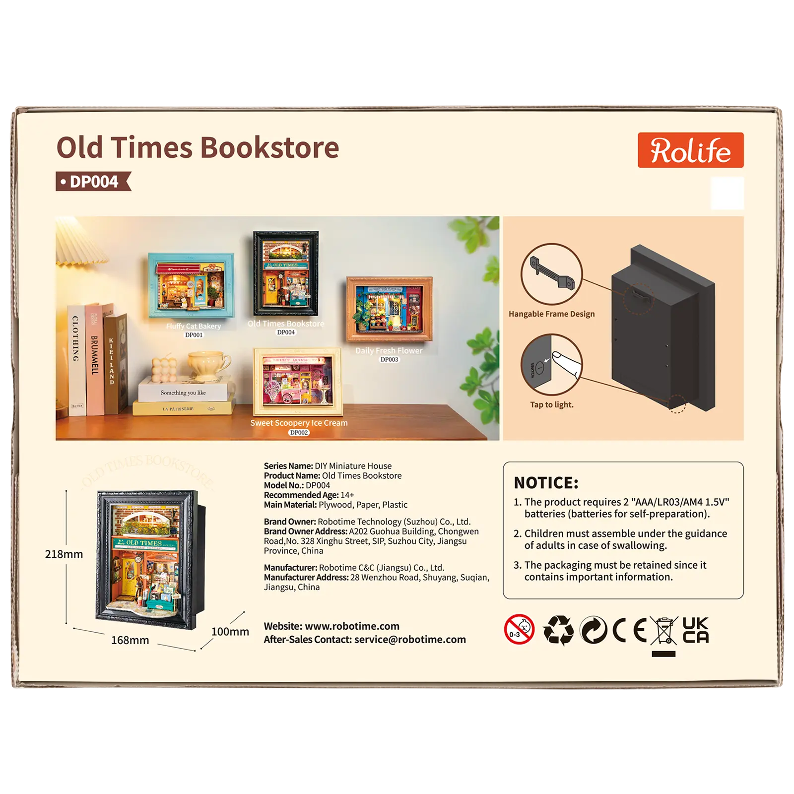 Achterkant verpakking van de Robotime Old Time Bookstore, diorama in een lijst van een ouderwets boekenwinkeltje