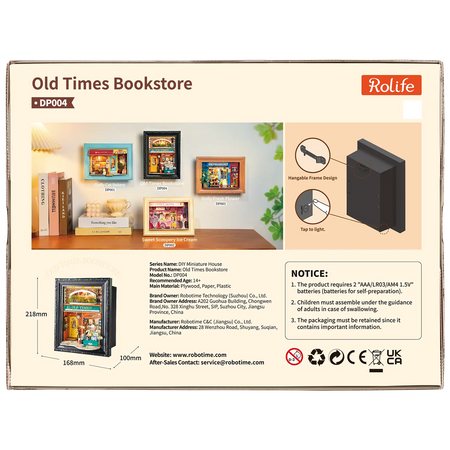 Achterkant verpakking van de Robotime Old Time Bookstore, diorama in een lijst van een ouderwets boekenwinkeltje