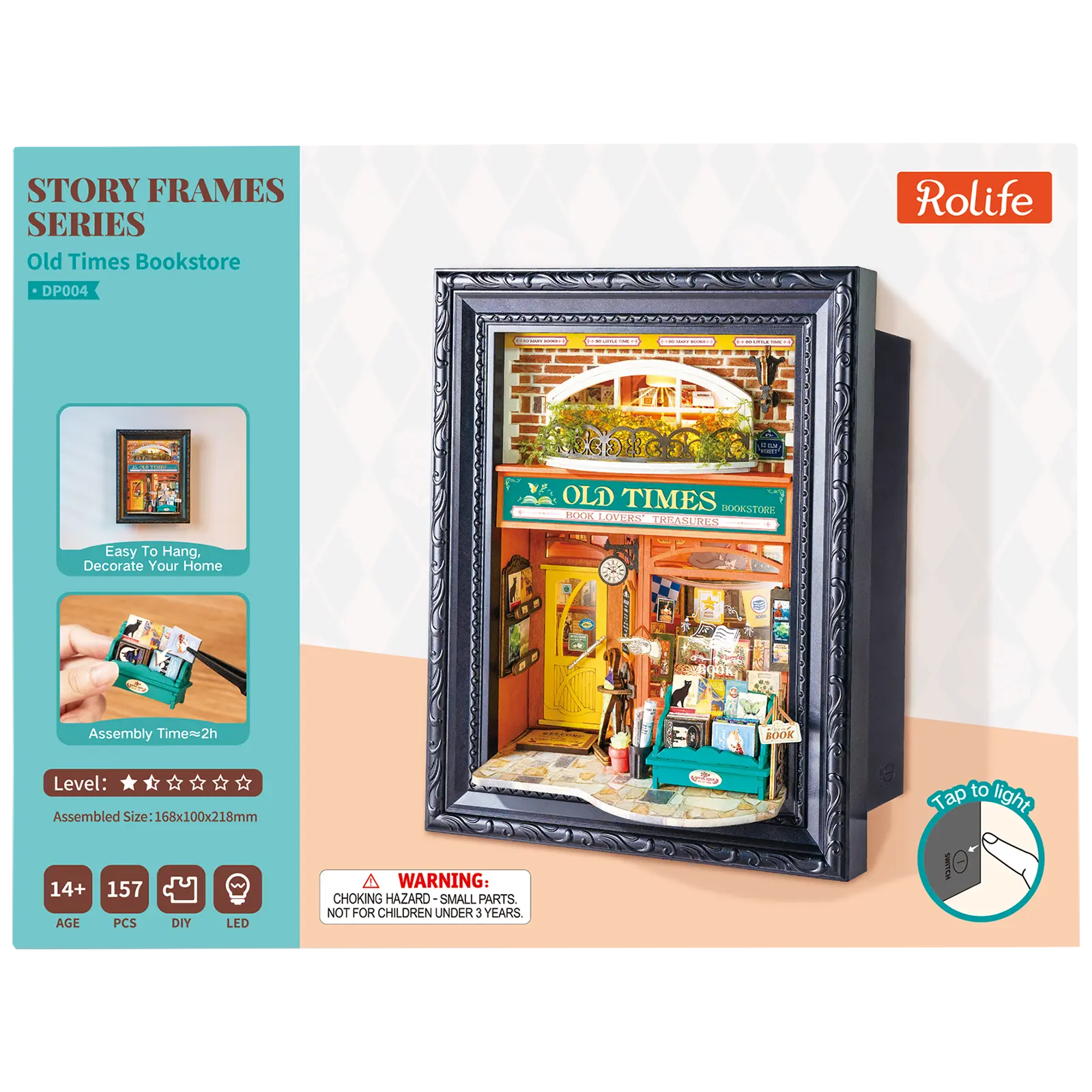 Voorkant verpakking van de Robotime Old Time Bookstore, diorama in een lijst van een ouderwets boekenwinkeltje