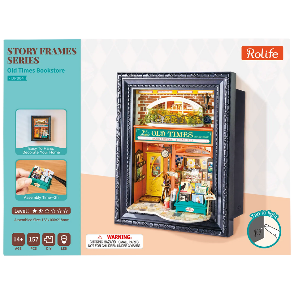 Voorkant verpakking van de Robotime Old Time Bookstore, diorama in een lijst van een ouderwets boekenwinkeltje