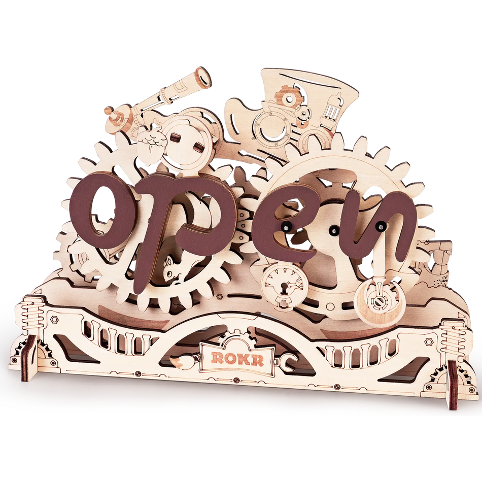 Productfoto van het Robotime Open Closed Sign, houten bouwpakket van een transformerend bordje