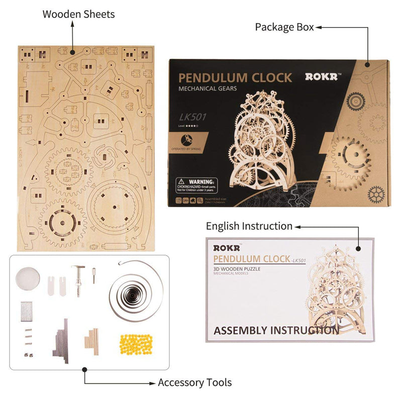 Verpakkingsinhoud van de Robotime Pendulum Clock, houten modelbouw van een mechanische klok