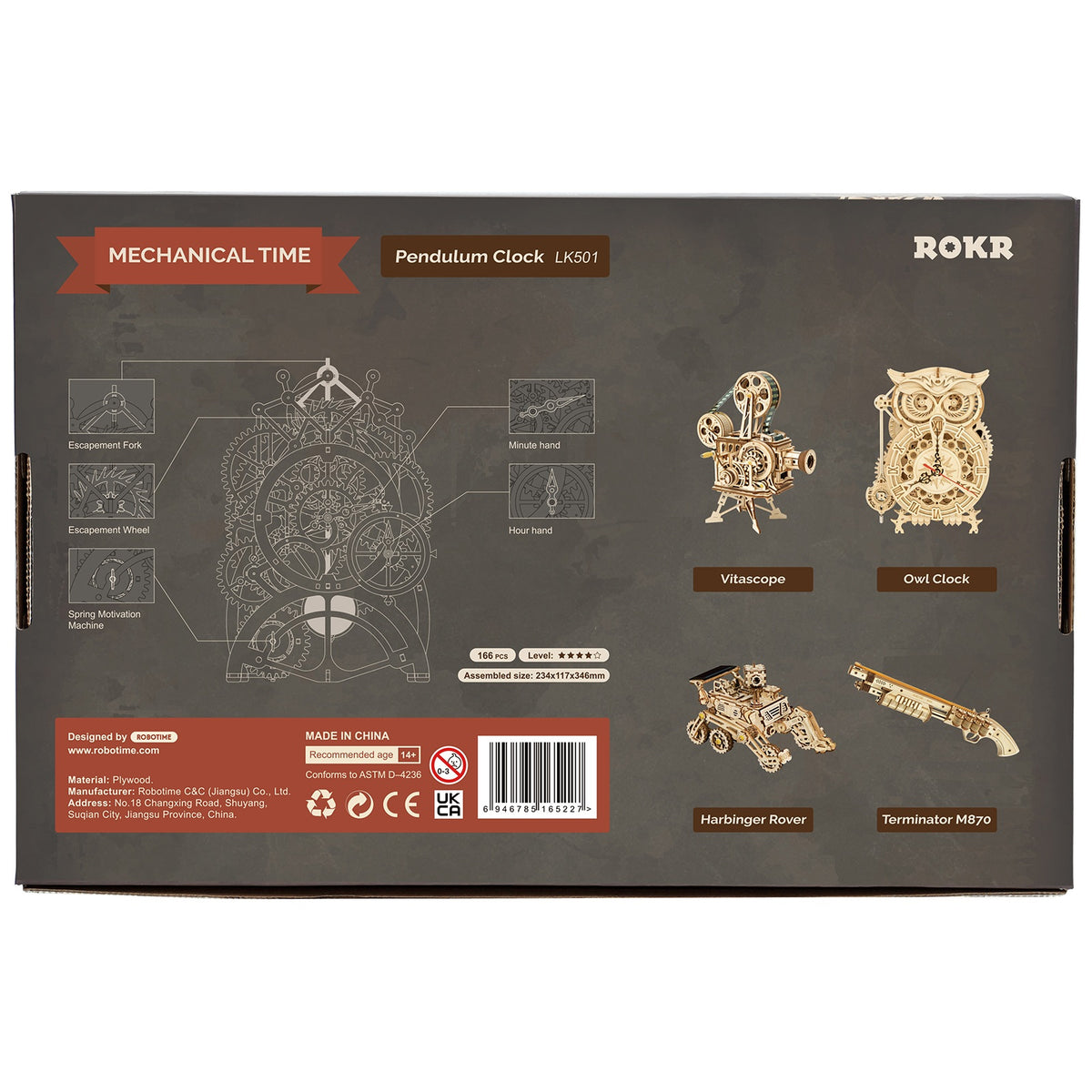Achterkant verpakking van de Robotime Pendulum Clock, houten modelbouw van een mechanische klok