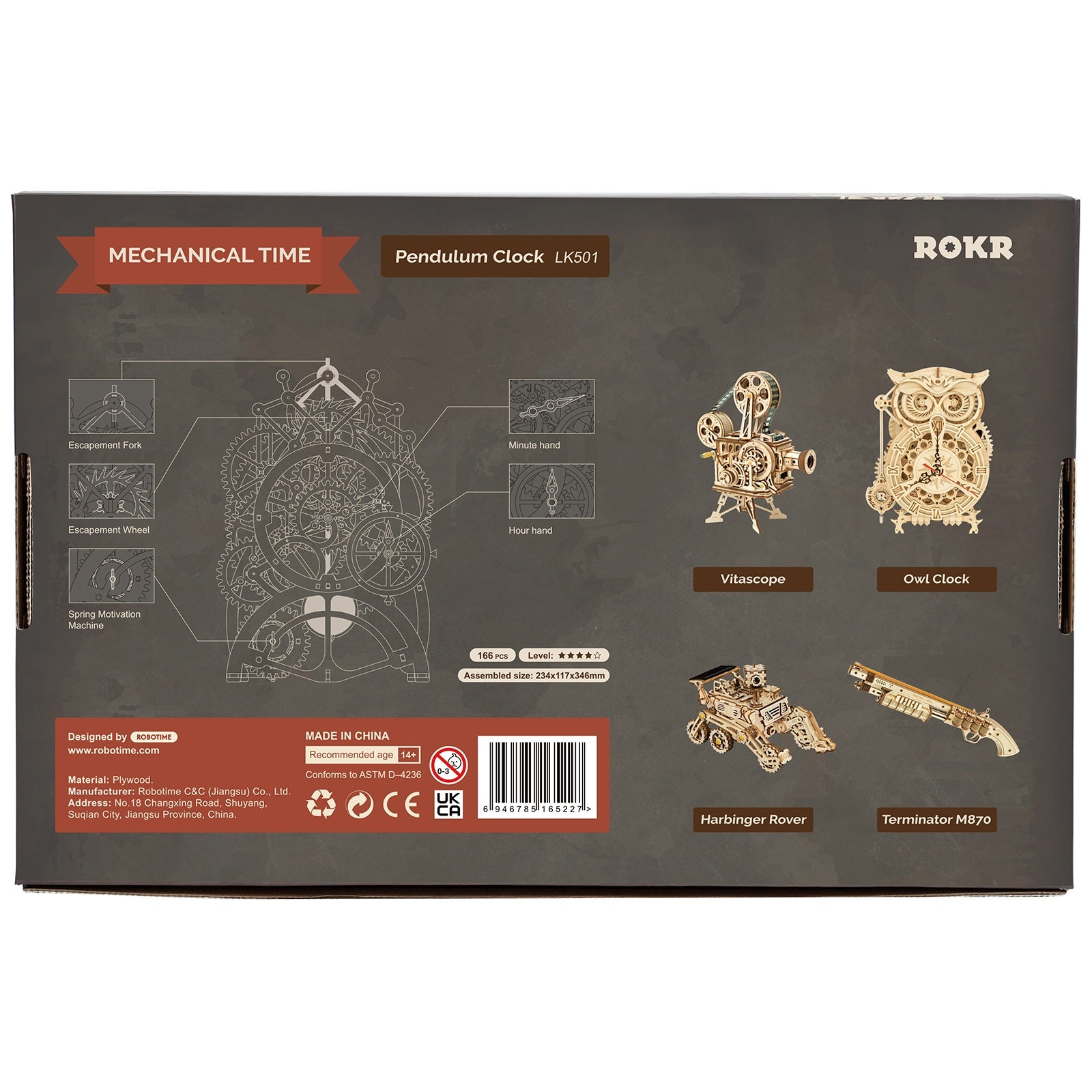 Achterkant verpakking van de Robotime Pendulum Clock, houten modelbouw van een mechanische klok