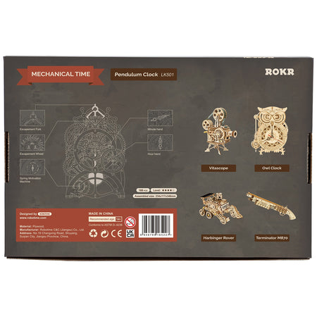 Achterkant verpakking van de Robotime Pendulum Clock, houten modelbouw van een mechanische klok