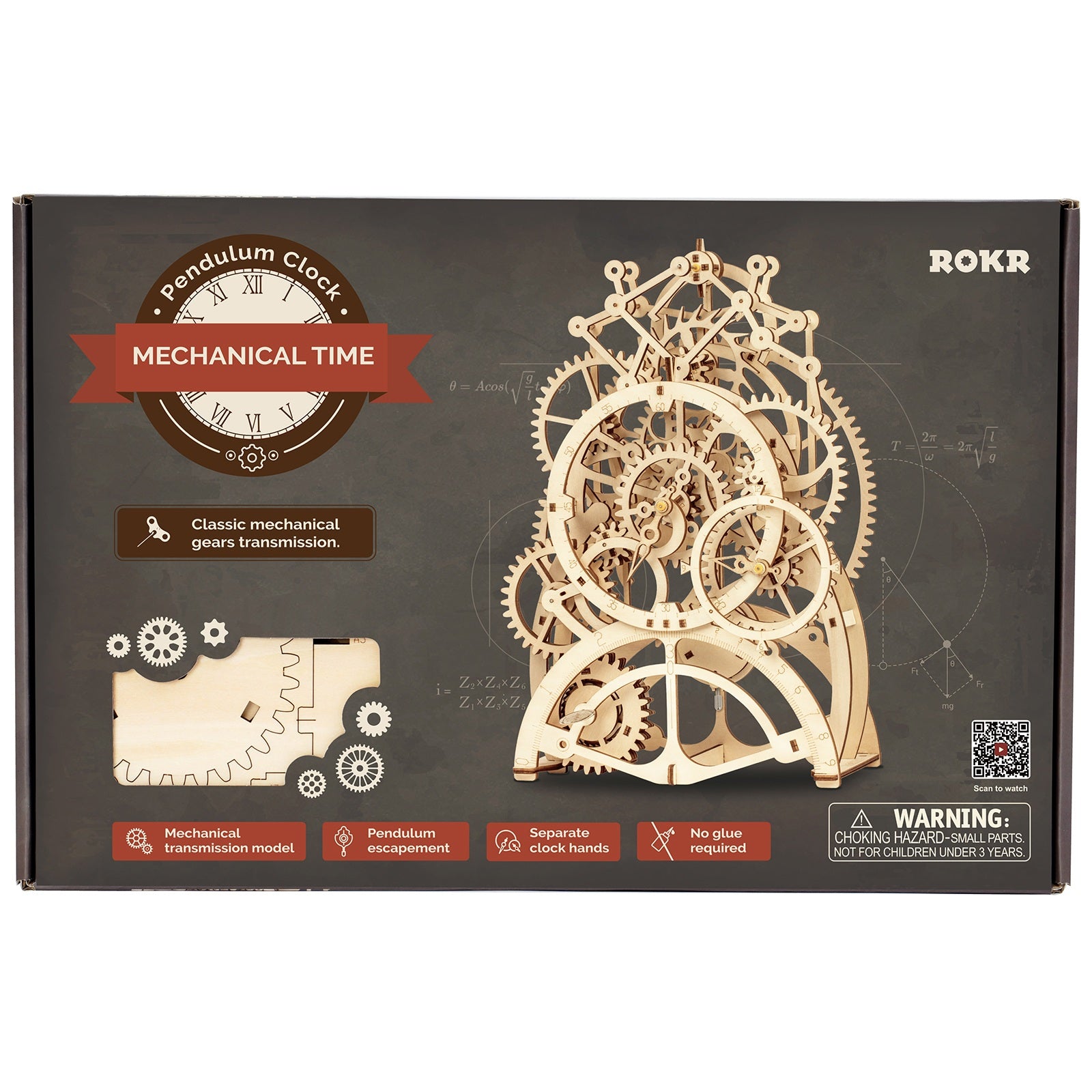 Voorkant verpakking van de Robotime Pendulum Clock, houten modelbouw van een mechanische klok