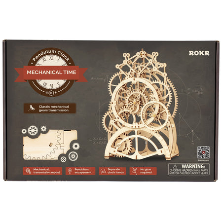 Voorkant verpakking van de Robotime Pendulum Clock, houten modelbouw van een mechanische klok