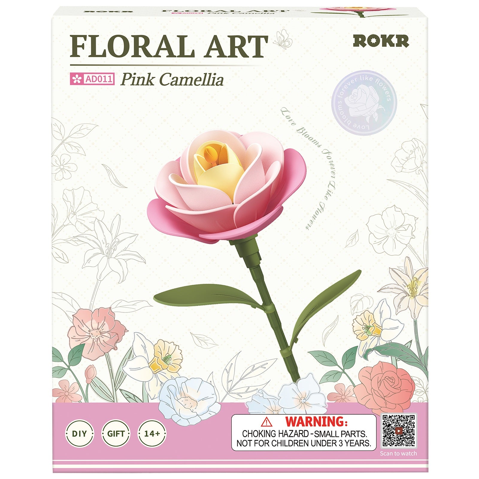 Voorkant verpakking van de Robotime Pink Camellia, kunststof bouwpakket van een roze camellia