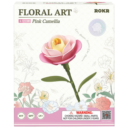 Voorkant verpakking van de Robotime Pink Camellia, kunststof bouwpakket van een roze camellia