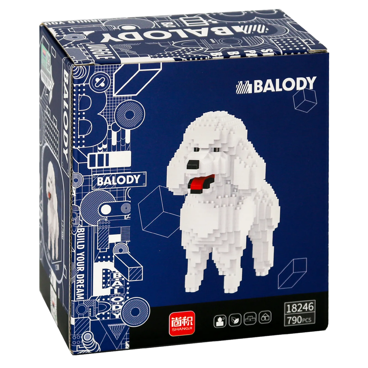 Achterkant verpakking van de Balody miniblocks poedel