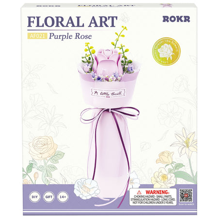 Voorkant verpakking van de Robotime Purple Rose, kunststof bouwpakket van een paarse bloem