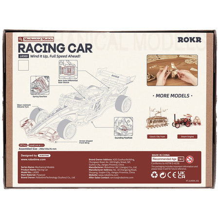 Achterkant verpakking van de Robotime Racing Car, houten modelbouw van een rijdende racewagen