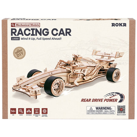 Voorkant verpakking van de Robotime Racing Car, houten modelbouw van een rijdende racewagen