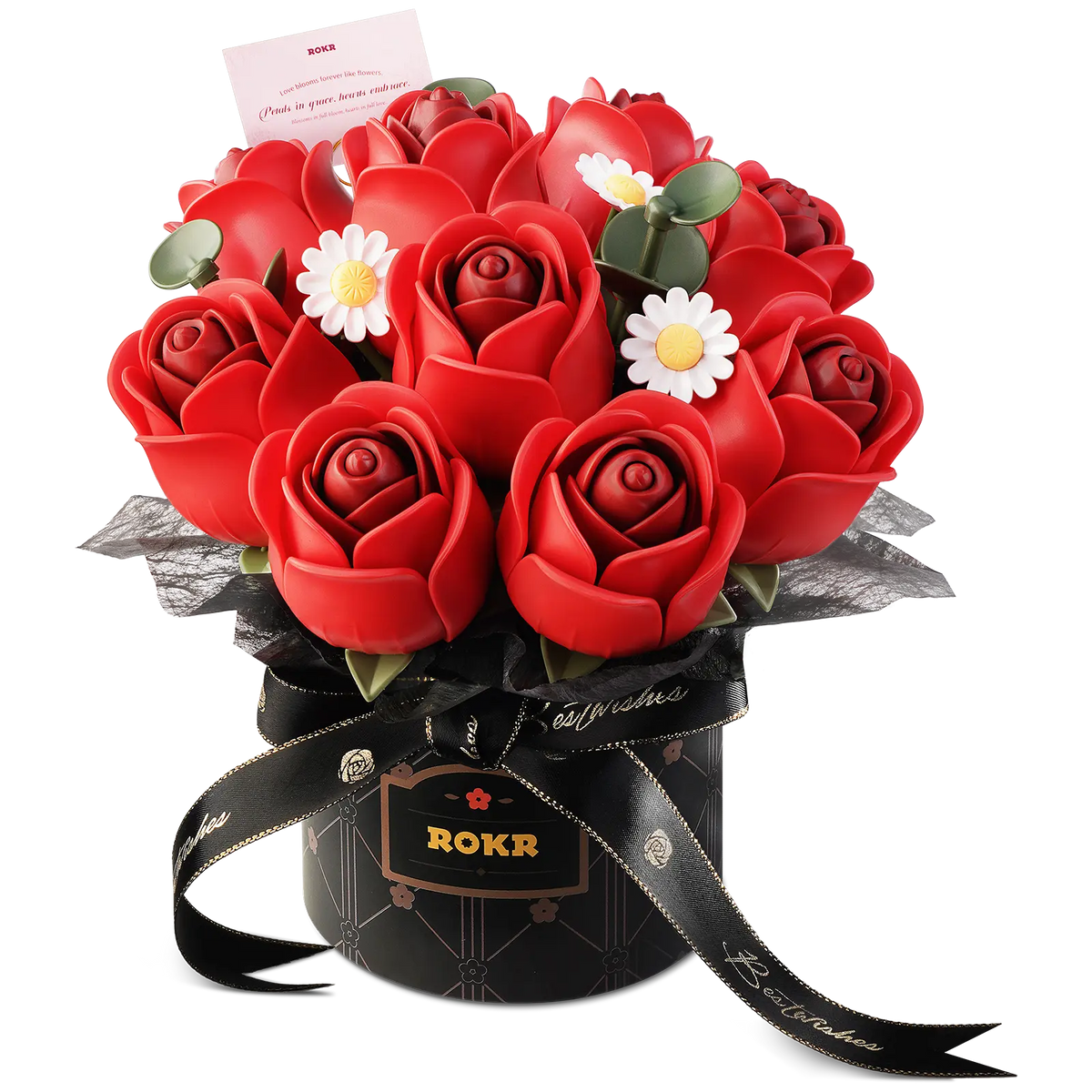 Productfoto van de Robotime Red Rose Bouquet, kunststof bouwpakket van een boeket rode rozen en witte madeliefjes in een zwarte vaas met zwart lintje erom