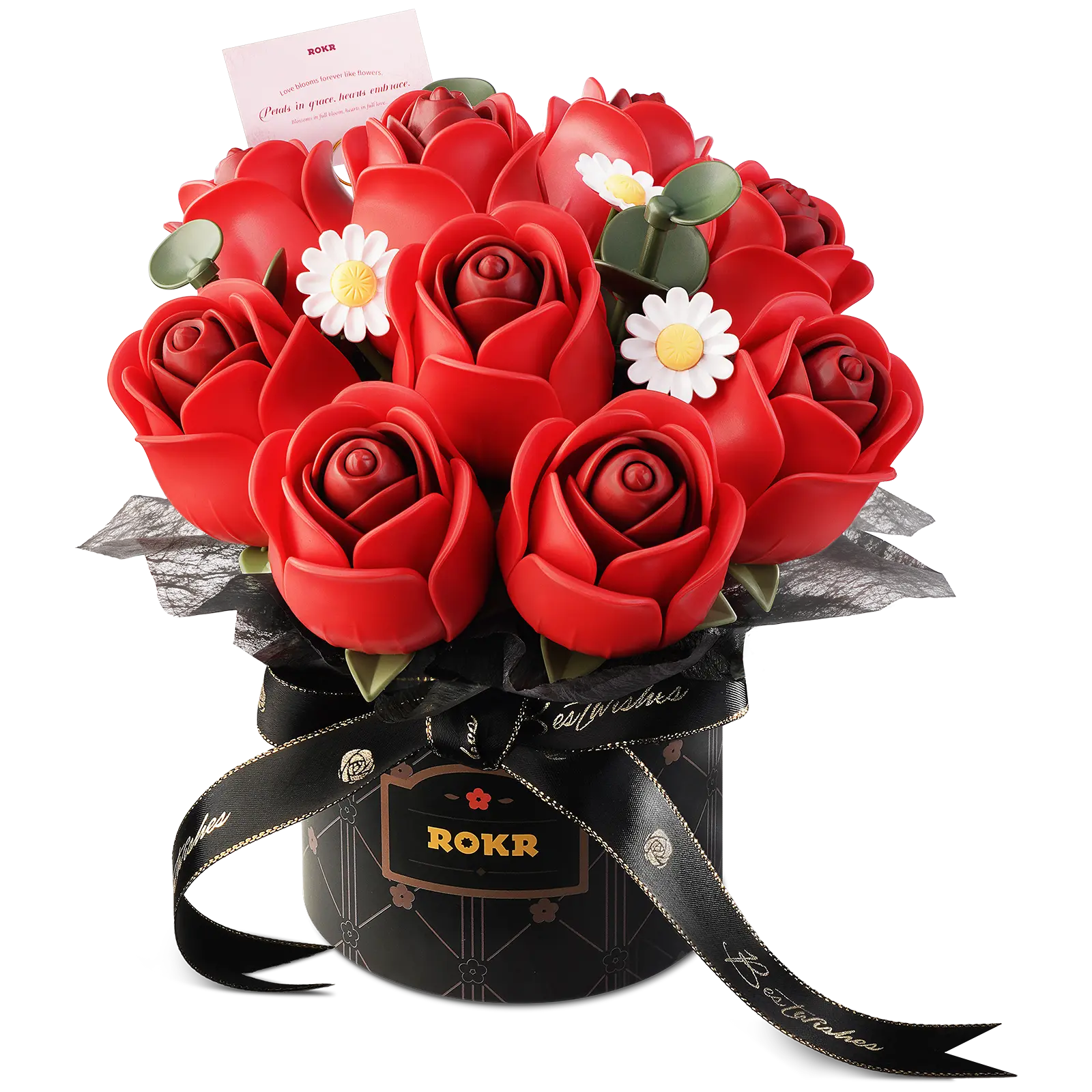 Productfoto van de Robotime Red Rose Bouquet, kunststof bouwpakket van een boeket rode rozen en witte madeliefjes in een zwarte vaas met zwart lintje erom