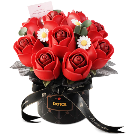 Productfoto van de Robotime Red Rose Bouquet, kunststof bouwpakket van een boeket rode rozen en witte madeliefjes in een zwarte vaas met zwart lintje erom
