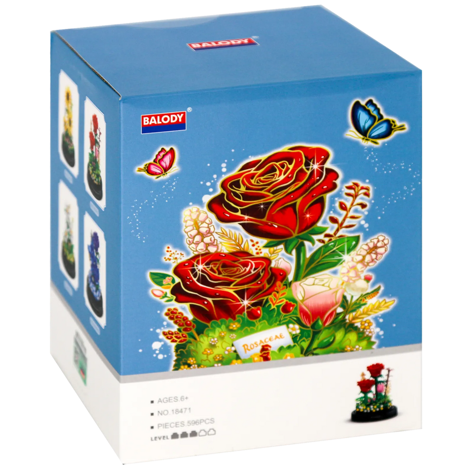 Voorkant verpakking van de Balody miniblocks rode rozen in stolp