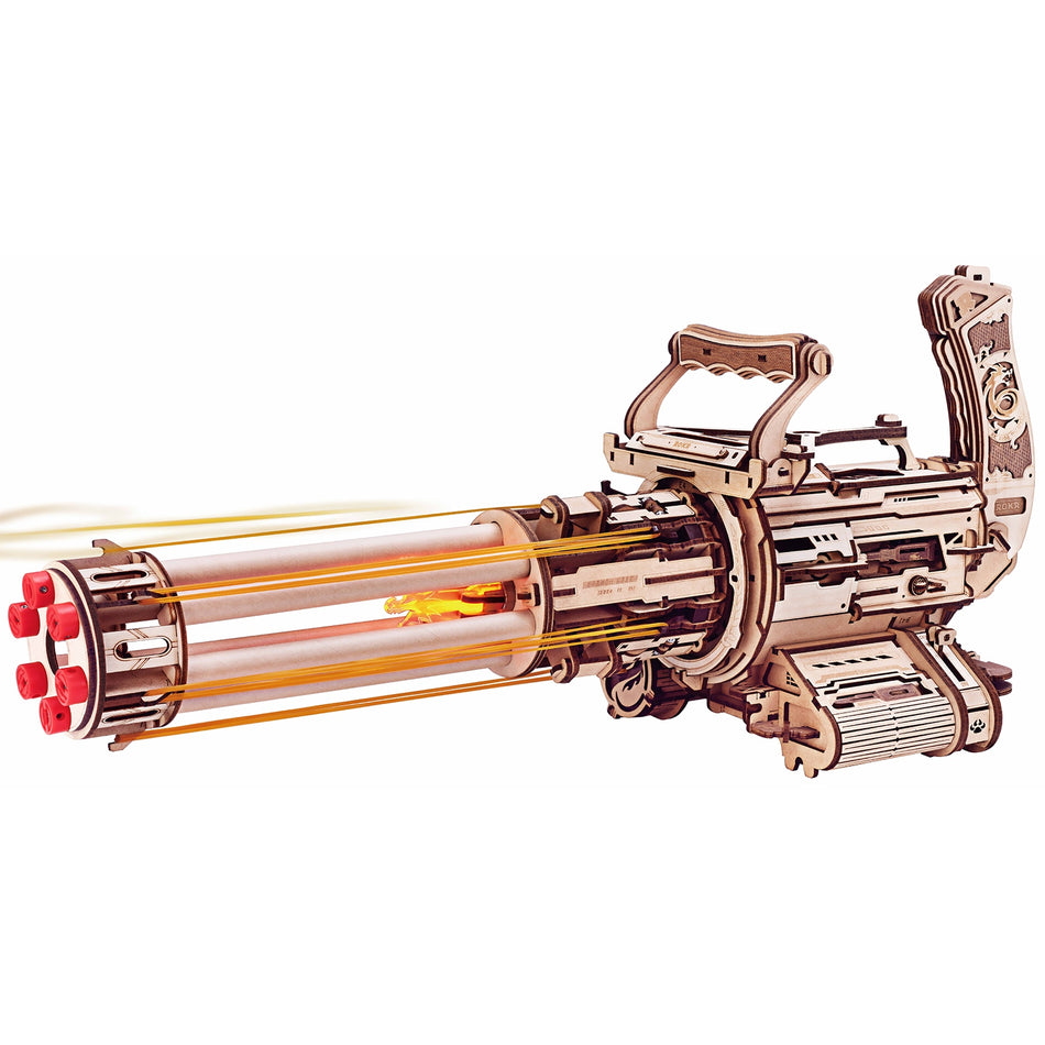 Productfoto van de Robotime Rotating-Barrel Machine Gun, houten bouwpakket van een elastieken vurende minigun