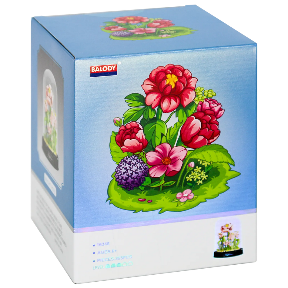 Voorkant verpakking van de Balody miniblocks roze rozen in stolp