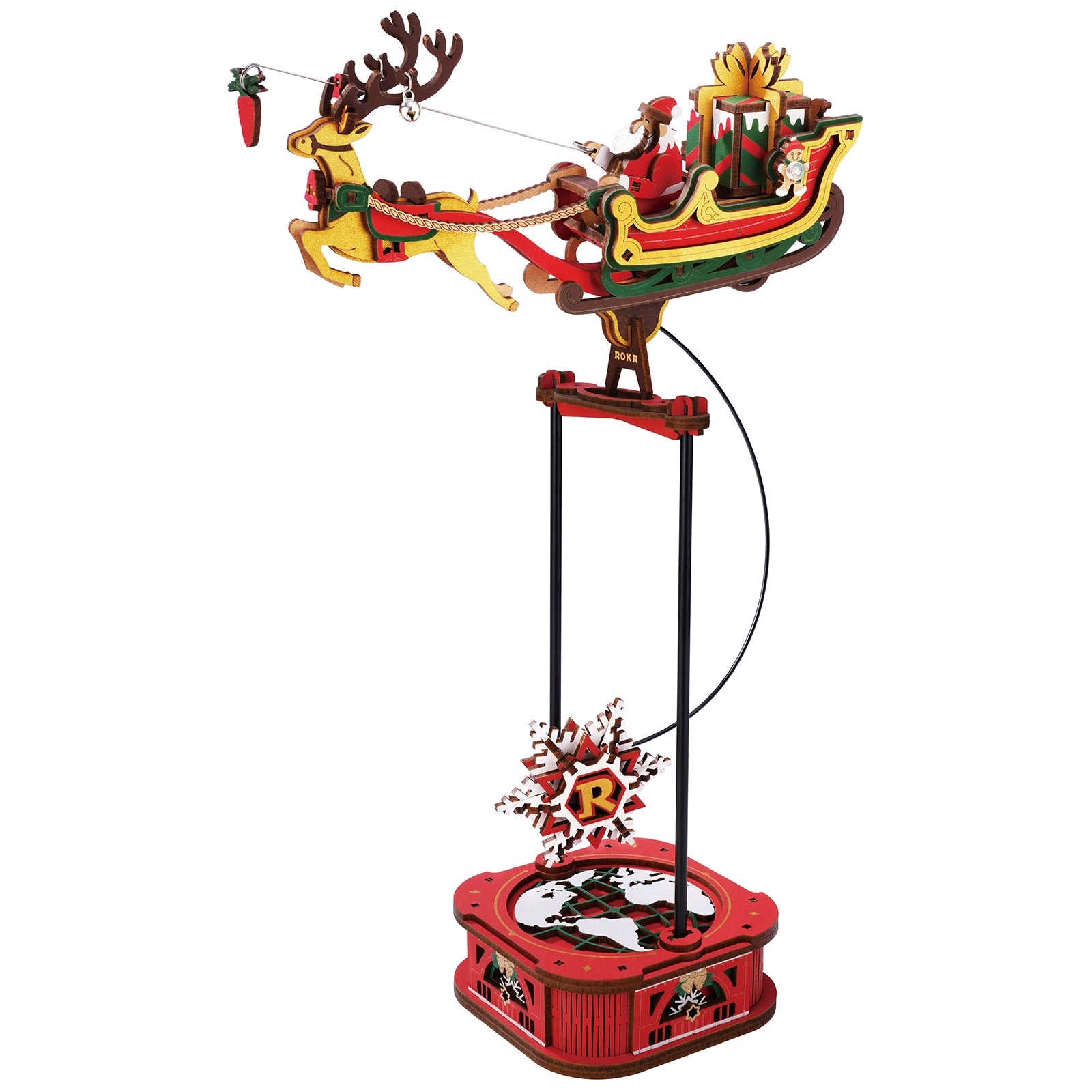Productfoto van de Robotime Santa on Sleigh, houten bouwpakket van een schommelende arrenslee met rendier
