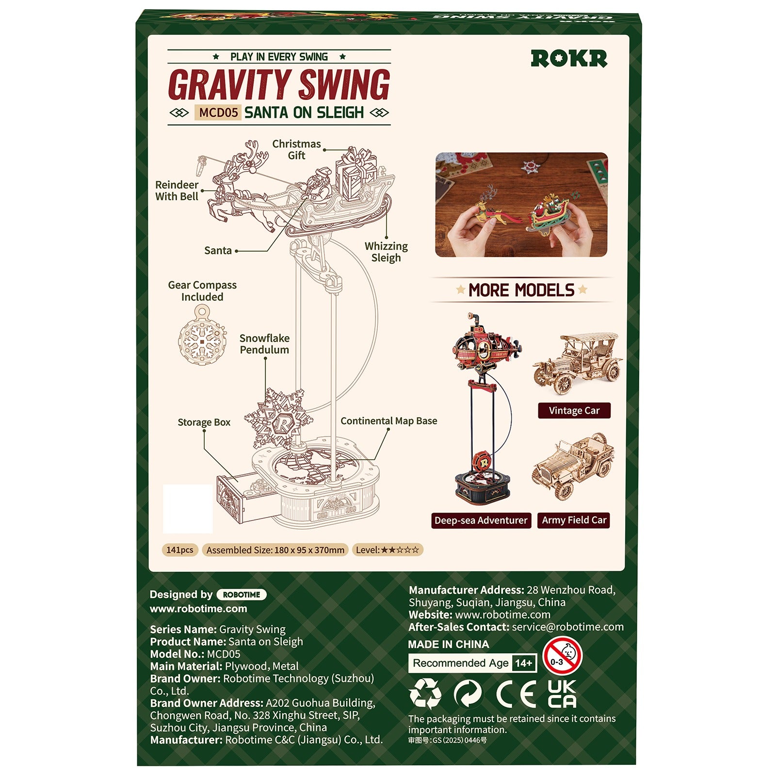 Achterkant verpakking van de Robotime Santa on Sleigh, houten modelbouw van een schommelende arrenslee met rendier