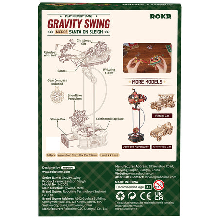 Achterkant verpakking van de Robotime Santa on Sleigh, houten modelbouw van een schommelende arrenslee met rendier