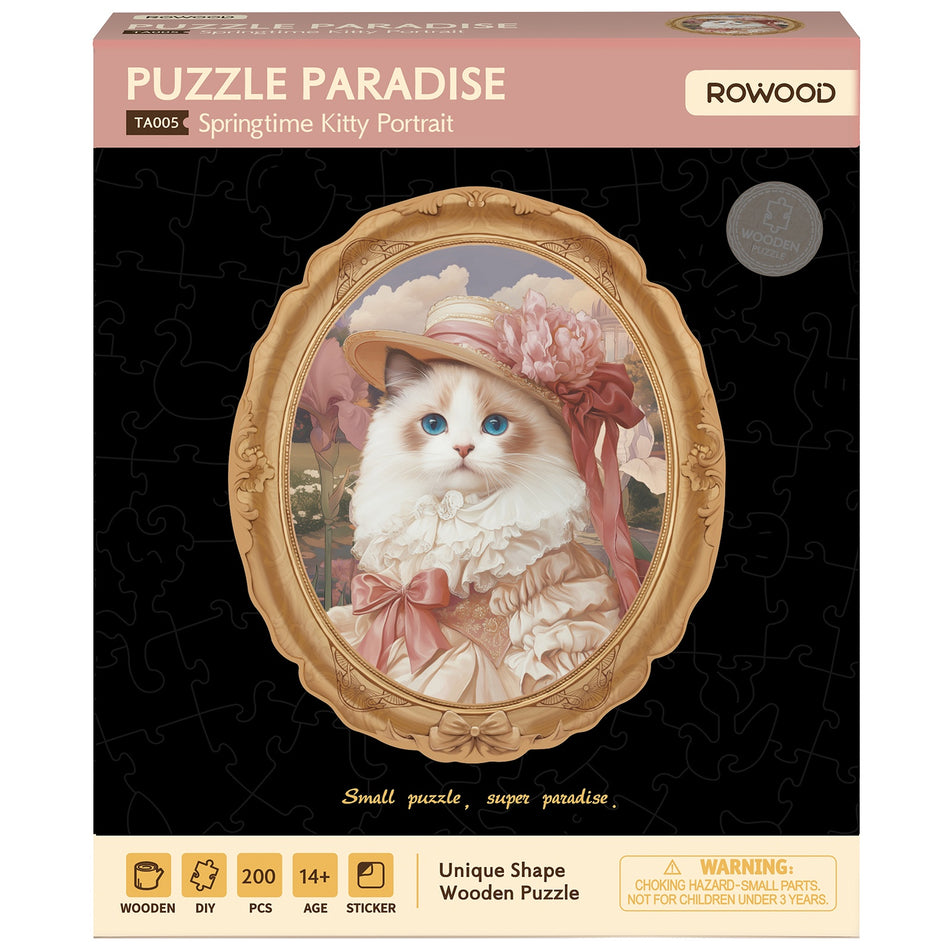 Voorkant verpakking van de Robotime Springtime Kitty Portrait, houten legpuzzel van een deftig aangeklede kat met bijzondere stukjes
