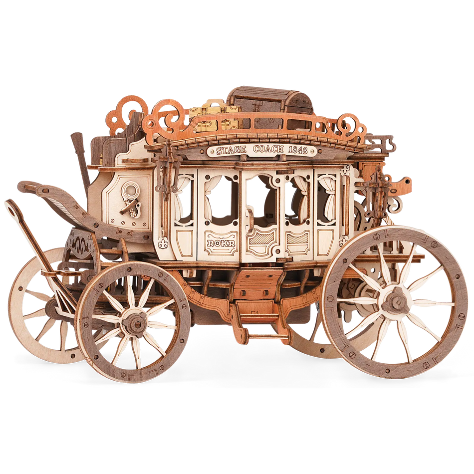 Productfoto van de Robotime Stagecoach, houten bouwpakket van een muziekdoosje in de vorm van een rijdende ouderwetse koets