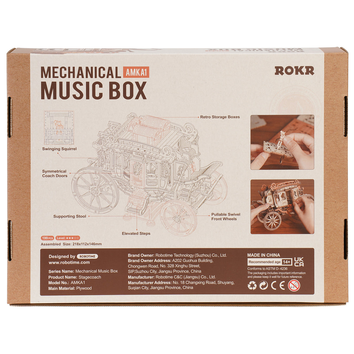 Achterkant verpakking van de Robotime Stagecoach, houten bouwpakket van een muziekdoosje in de vorm van een rijdende ouderwetse koets