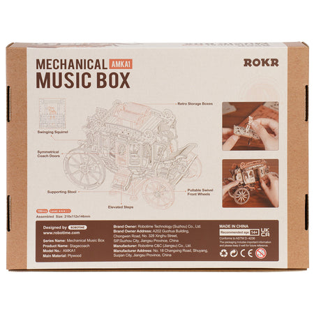 Achterkant verpakking van de Robotime Stagecoach, houten bouwpakket van een muziekdoosje in de vorm van een rijdende ouderwetse koets