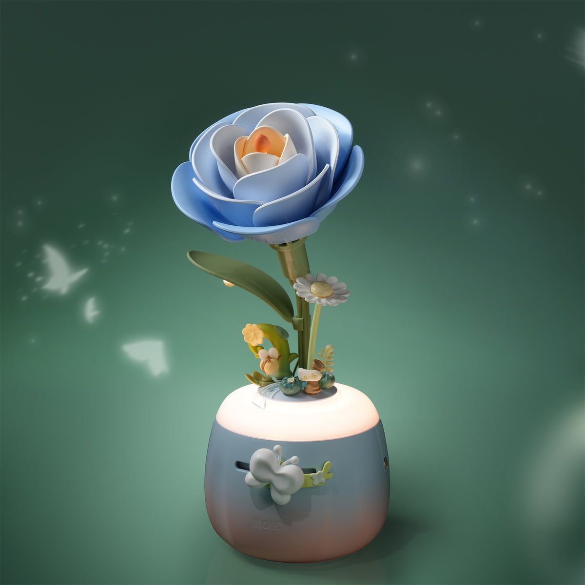 Sfeervolle presentatie van de Robotime Starry Camellia Lamp, kunststof bouwpakket van een zachtblauw gekleurd nachtlampje in de vorm van een camellia