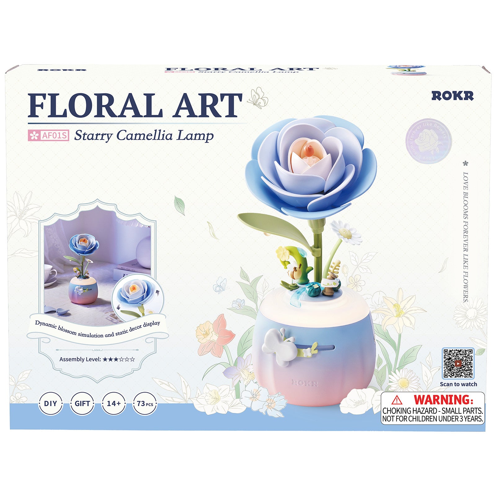 Voorkant verpakking van de Robotime Starry Camellia Lamp, kunststof bouwpakket van een zachtblauw gekleurd nachtlampje in de vorm van een camellia