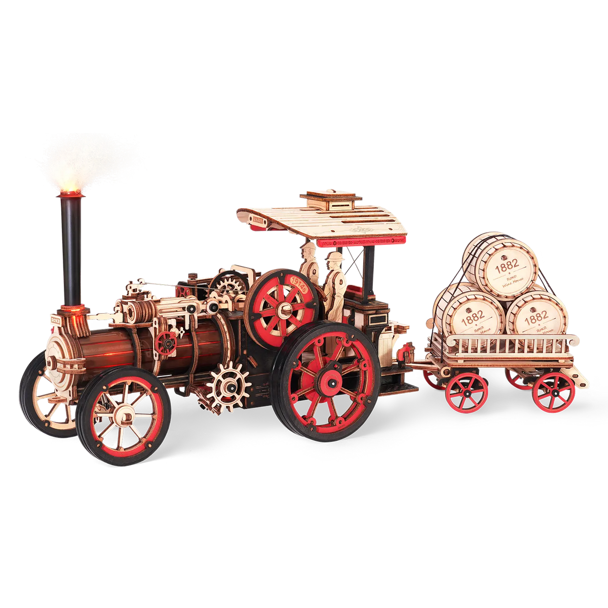 Productfoto van de Robotime Steam Engine, houten bouwpakket van een rijdend vintage stoomvoertuig met aanhanger