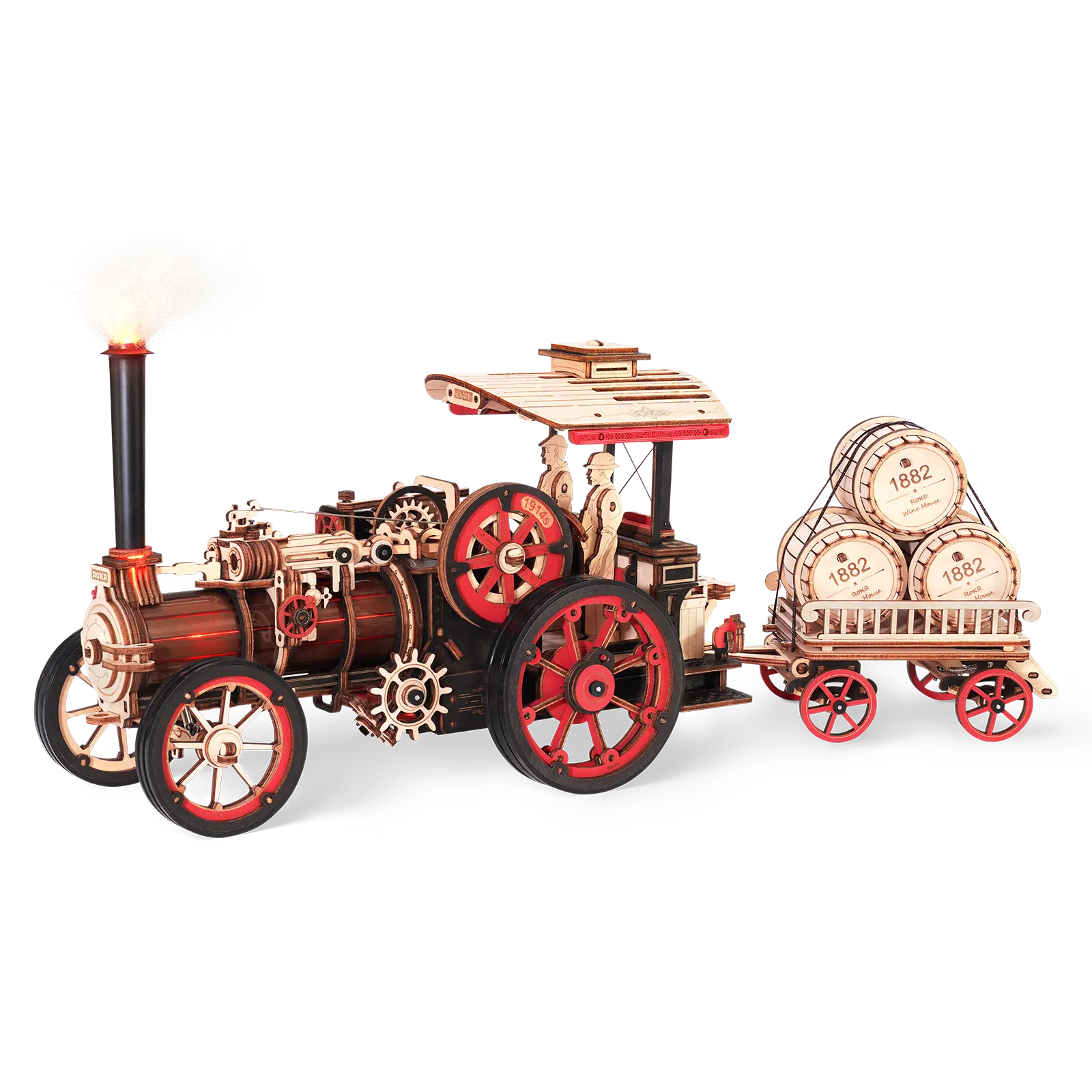 Productfoto van de Robotime Steam Engine, houten bouwpakket van een rijdend vintage stoomvoertuig met aanhanger