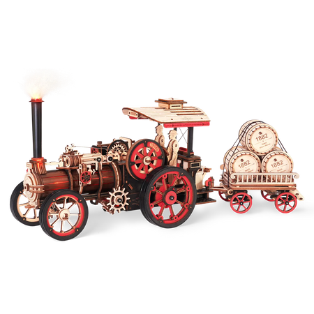 Productfoto van de Robotime Steam Engine, houten bouwpakket van een rijdend vintage stoomvoertuig met aanhanger