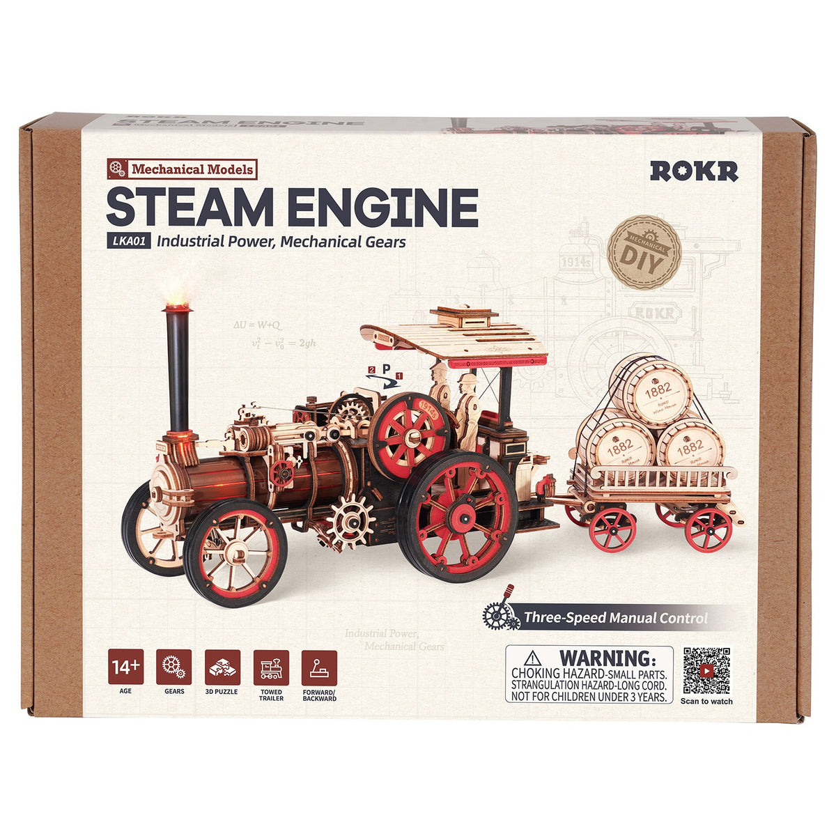 Voorkant verpakking van de Robotime Steam Engine, houten bouwpakket van een rijdend vintage stoomvoertuig met aanhanger
