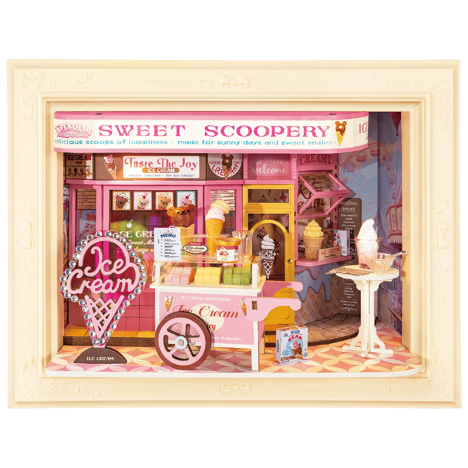 Productfoto van de Robotime Sweet Scoopery Ice Cream, diorama in een lijst van een ijskar voor een schattig ijswinkeltje
