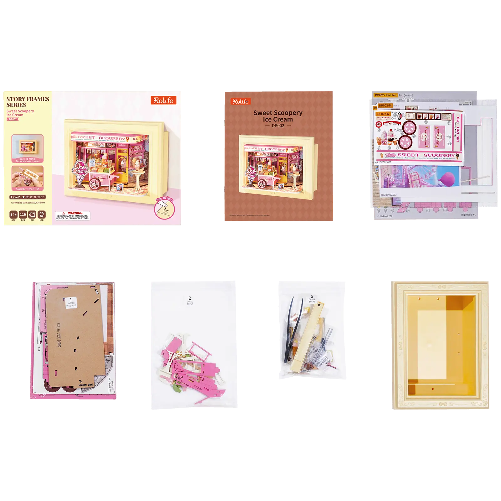 Verpakkingsinhoud van de Robotime Sweet Scoopery Ice Cream, diorama in een lijst van een ijskar voor een schattig ijswinkeltje