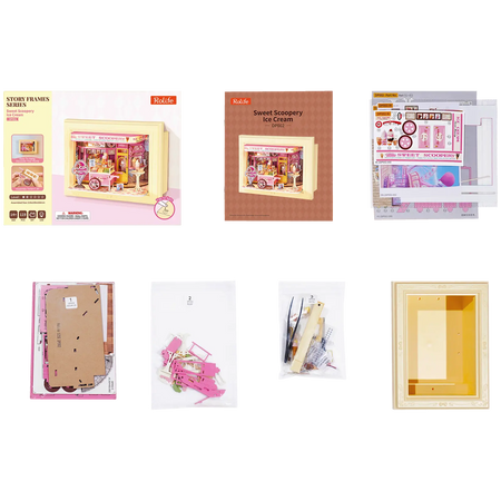 Verpakkingsinhoud van de Robotime Sweet Scoopery Ice Cream, diorama in een lijst van een ijskar voor een schattig ijswinkeltje