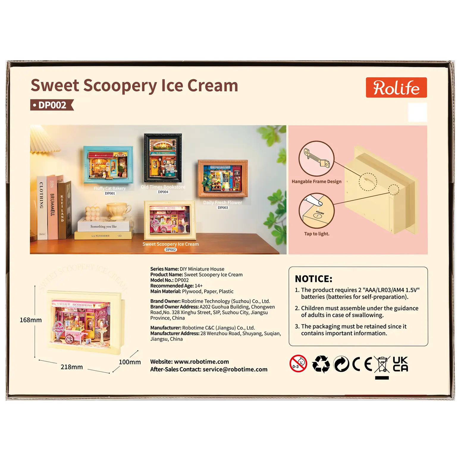 Achterkant verpakking van de Robotime Sweet Scoopery Ice Cream, diorama in een lijst van een ijskar voor een schattig ijswinkeltje