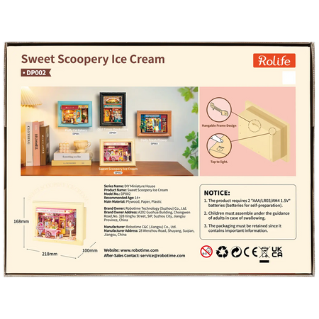 Achterkant verpakking van de Robotime Sweet Scoopery Ice Cream, diorama in een lijst van een ijskar voor een schattig ijswinkeltje