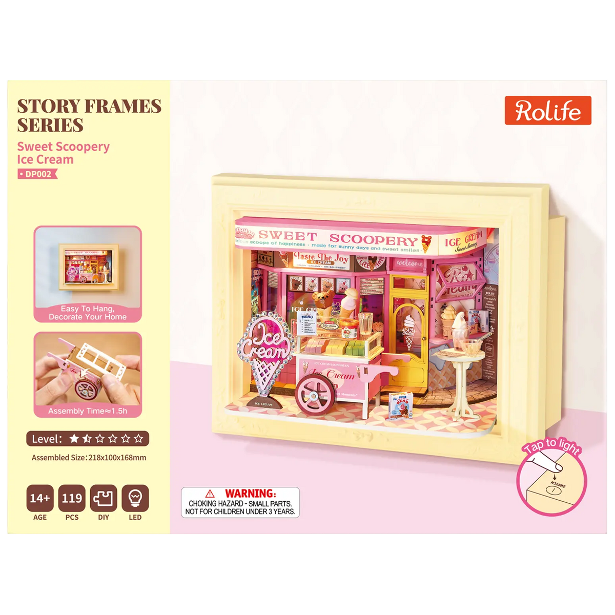 Voorkant verpakking van de Robotime Sweet Scoopery Ice Cream, diorama in een lijst van een ijskar voor een schattig ijswinkeltje