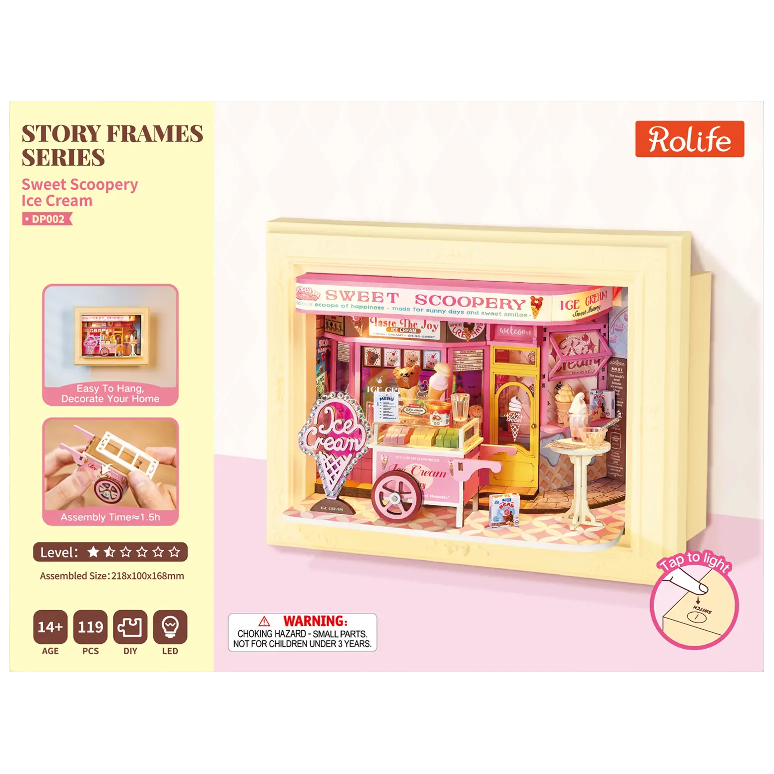 Voorkant verpakking van de Robotime Sweet Scoopery Ice Cream, diorama in een lijst van een ijskar voor een schattig ijswinkeltje