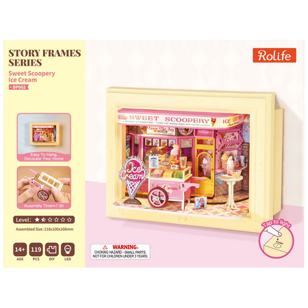 Voorkant verpakking van de Robotime Sweet Scoopery Ice Cream, diorama in een lijst van een ijskar voor een schattig ijswinkeltje