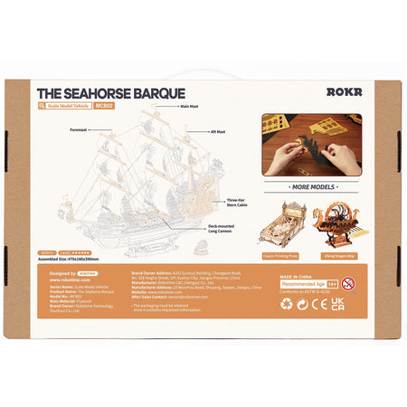 Achterkant verpakking van de Robotime Seahorse Barque, zwart houten zeilschip met gouden details