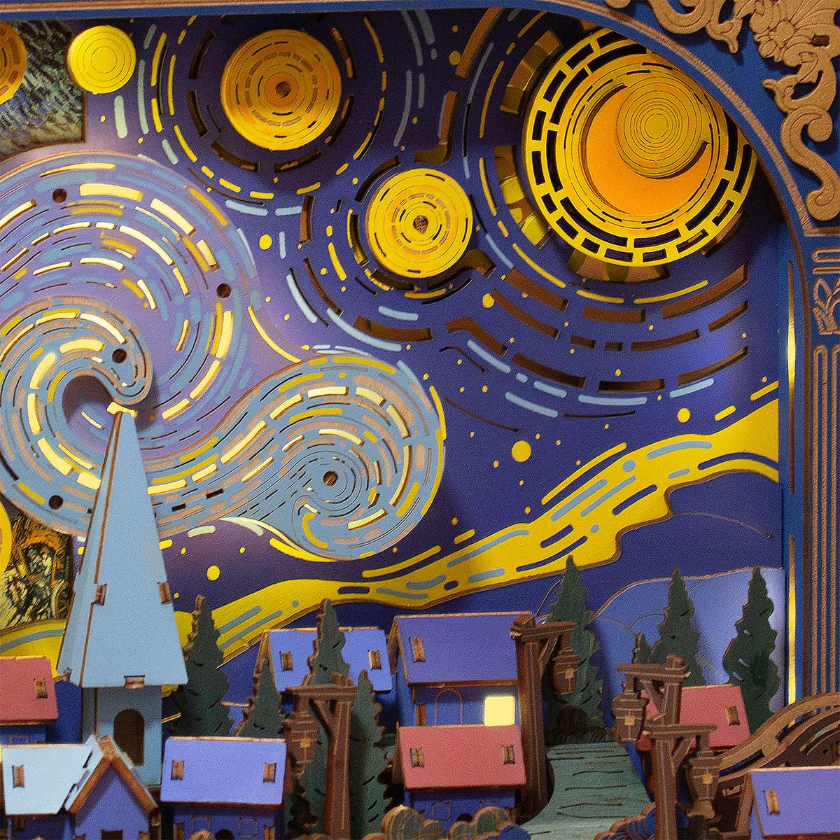 Sterren boven het dorp in de Robotime The Starry Night