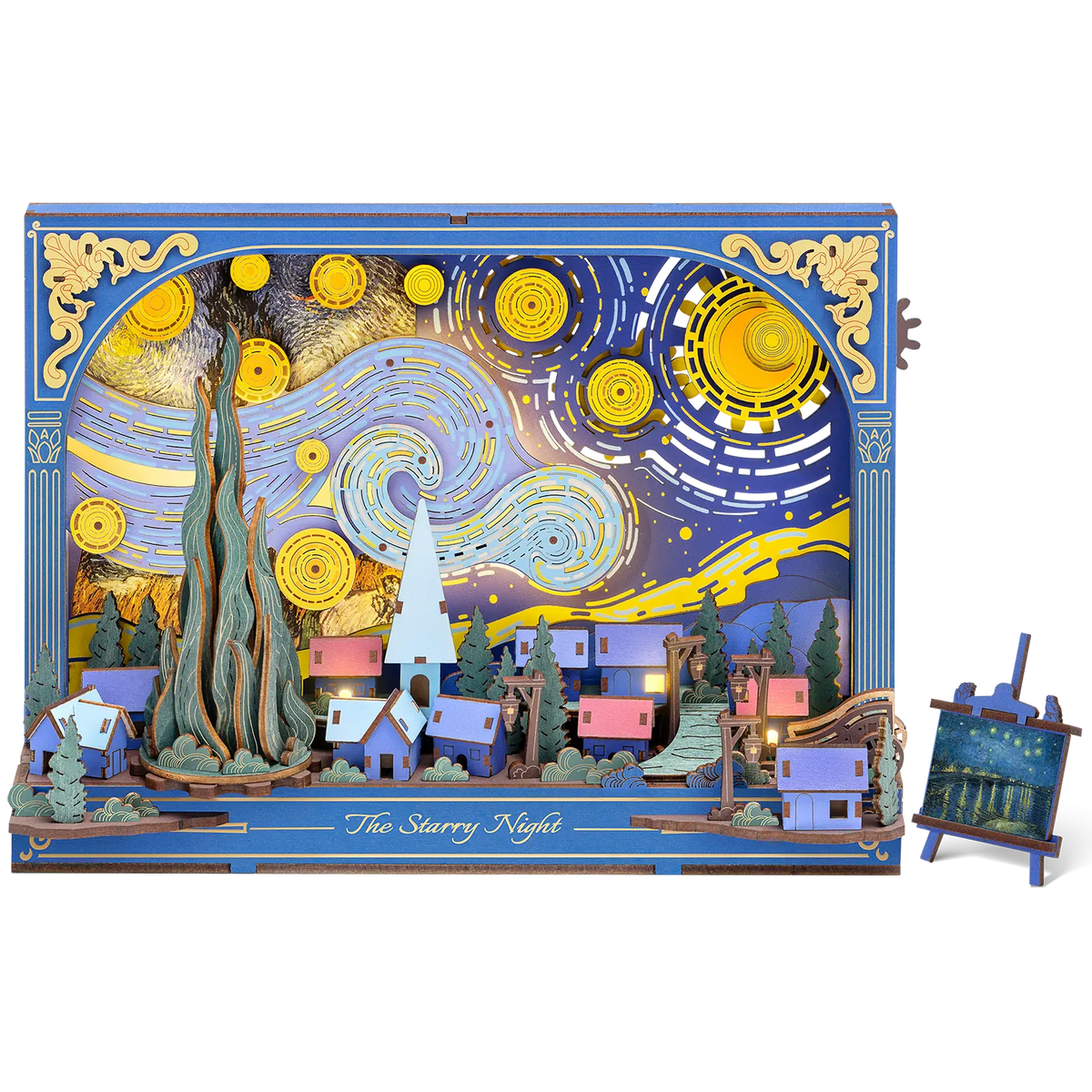 Productfoto van de Robotime The Starry Night, houten diorama bouwpakket van Van Gogh’s Sterrennacht