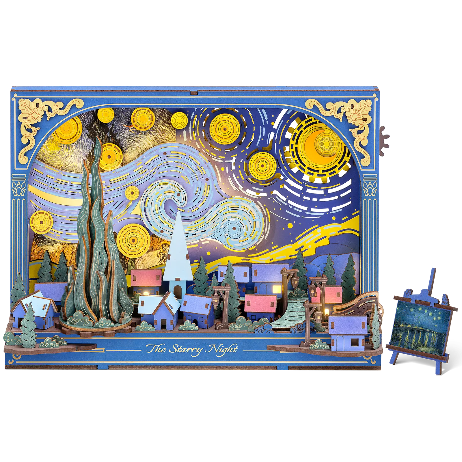Productfoto van de Robotime The Starry Night, houten diorama bouwpakket van Van Gogh’s Sterrennacht