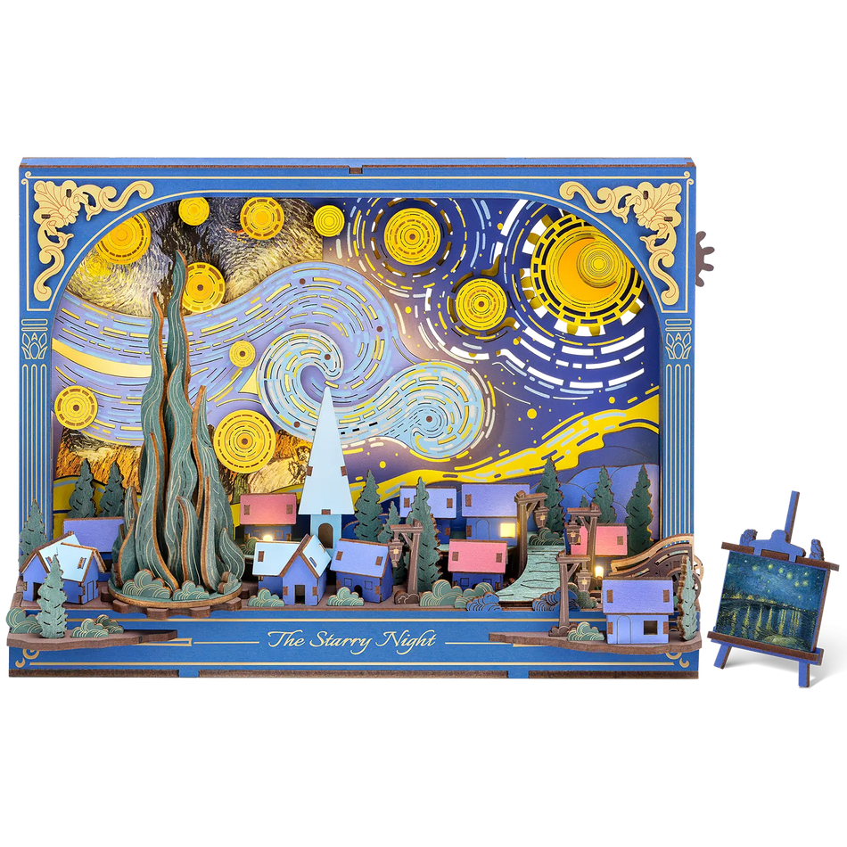Productfoto van de Robotime The Starry Night, houten diorama bouwpakket van Van Gogh’s Sterrennacht